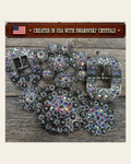 Antique Silver AB Crystal Conchos | Sizes 1"- 3" | Buckles | Saddle Set | Leather Rosettes | Slide on a warm cream background
