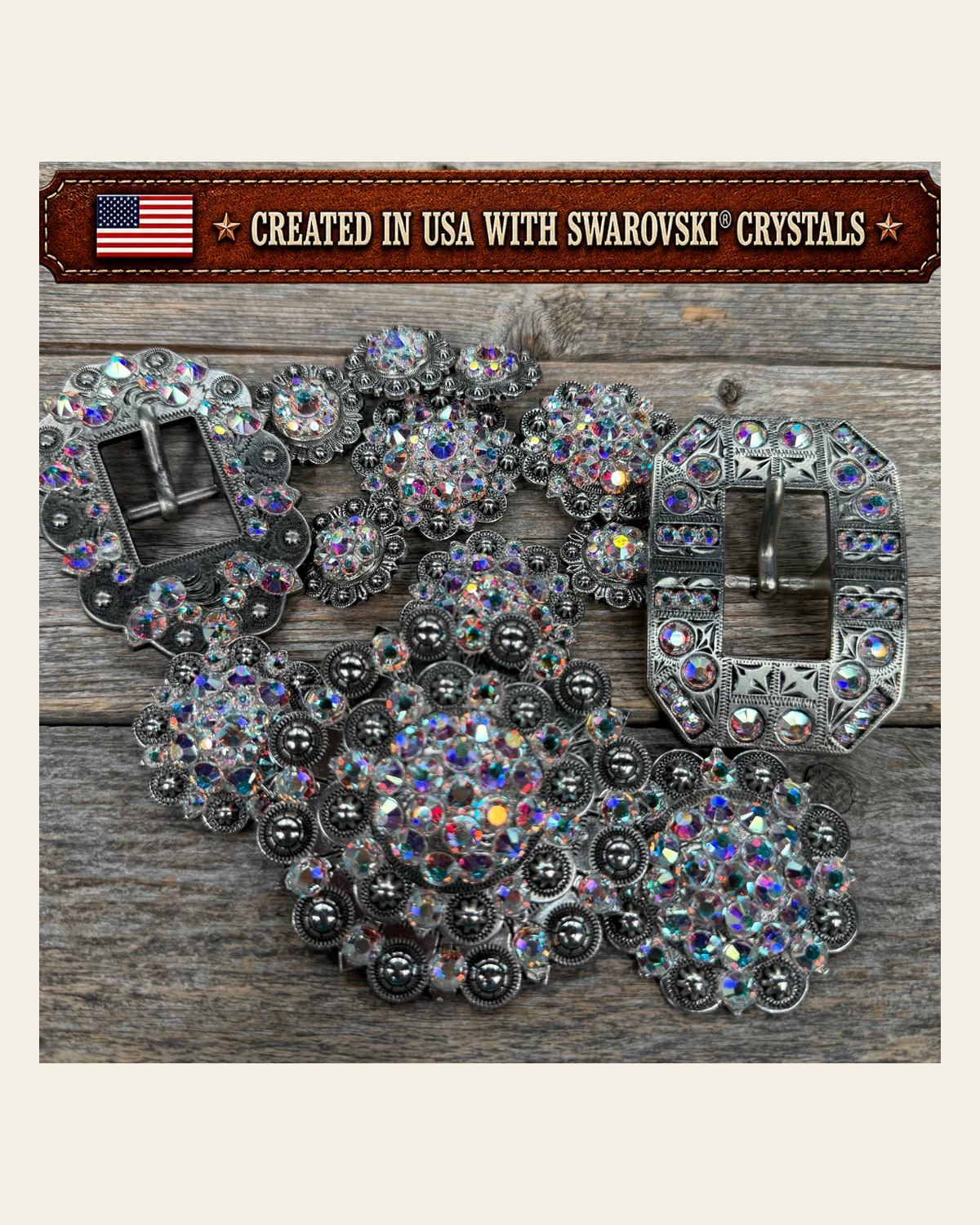 Antique Silver AB Crystal Conchos | Sizes 1"- 3" | Buckles | Saddle Set | Leather Rosettes | Slide on a warm cream background