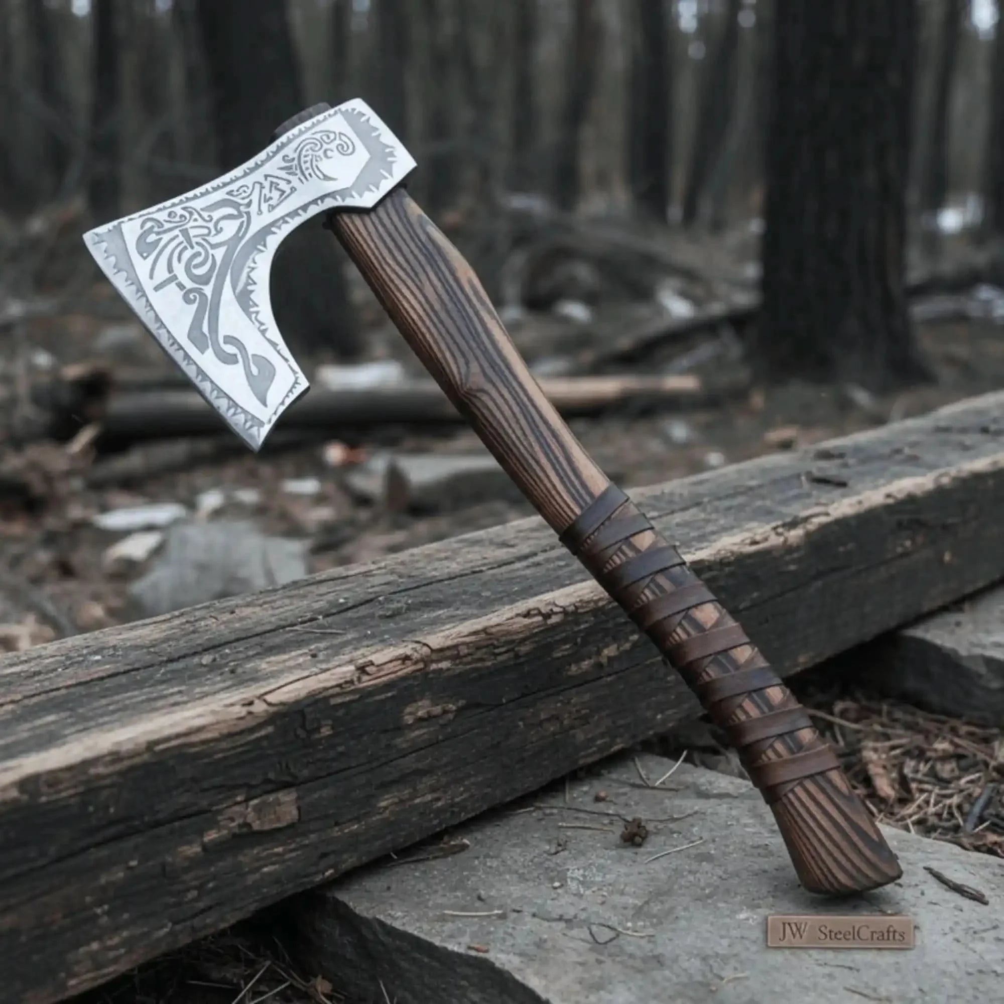Engraved Carbon Steel Ragnar Axe with Bearded Head