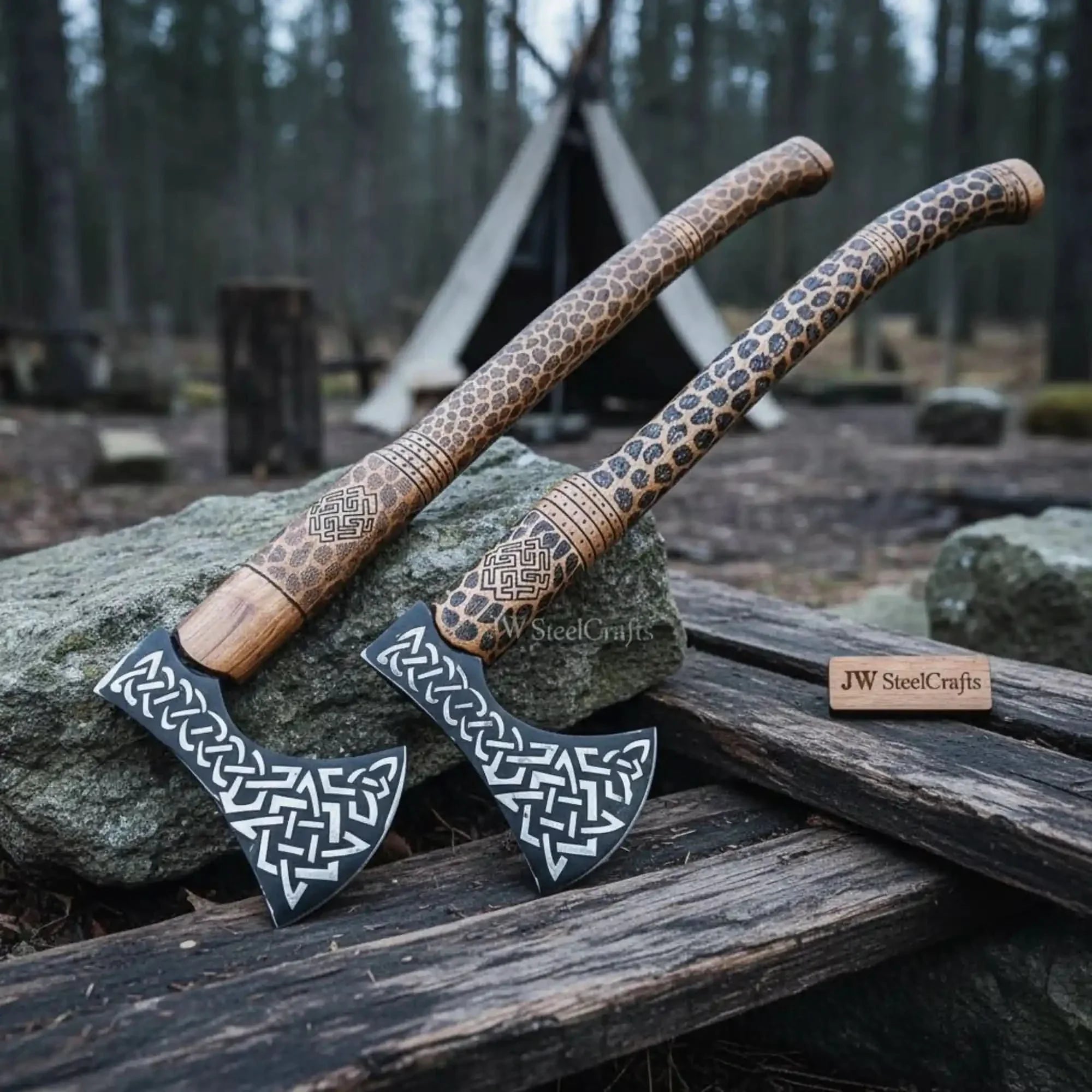 Engraved Viking Throwing Axe Set, Pair of Norse Knotwork Hatchets with Carved Hardwood Handles | JW SteelCrafts