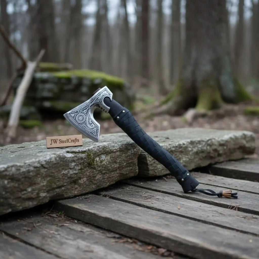 Handmade Viking Axe with High Carbon Steel Blade, Custom Engraving and Leather Sheath