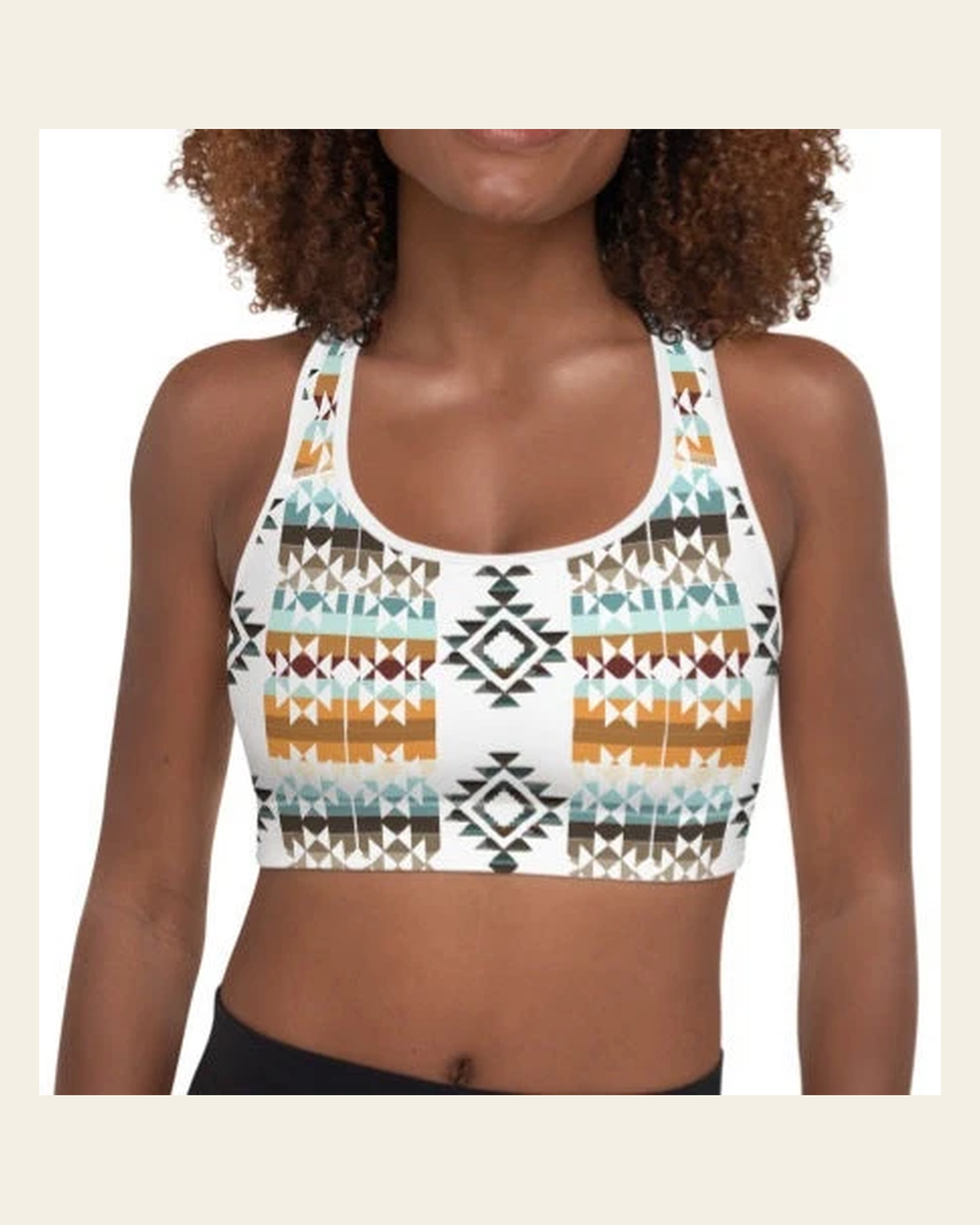 Aztec Blanket Print Sports Bra on a warm cream background