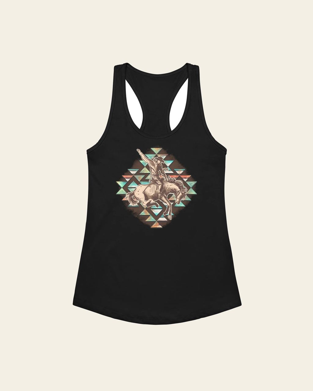 Aztec Cowboy Women’s Fitted Racerback Tank Top on a warm cream background