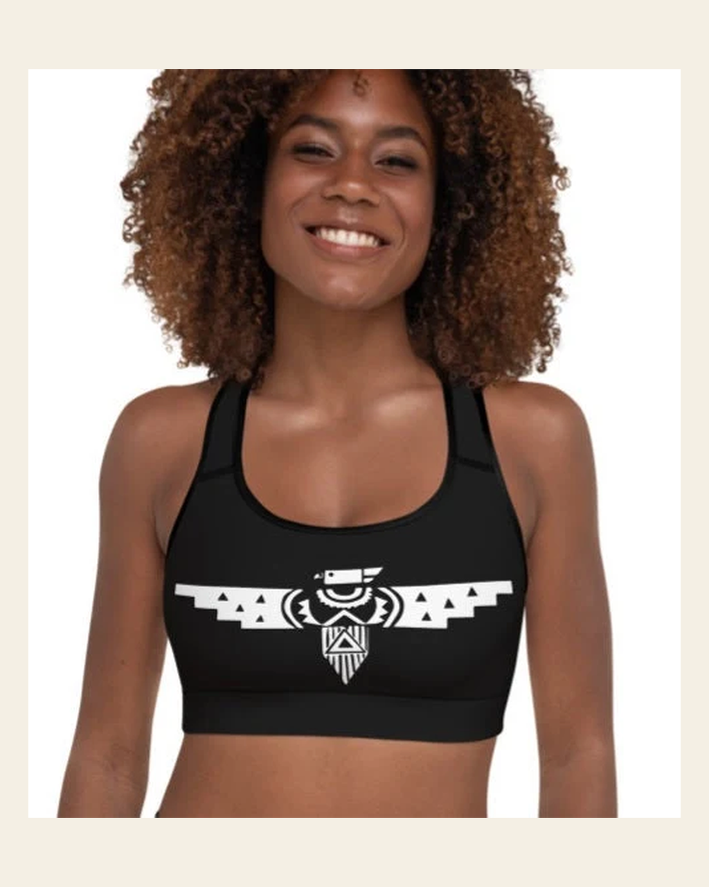 Aztec Thunderbird Padded Sports Bra on a warm cream background