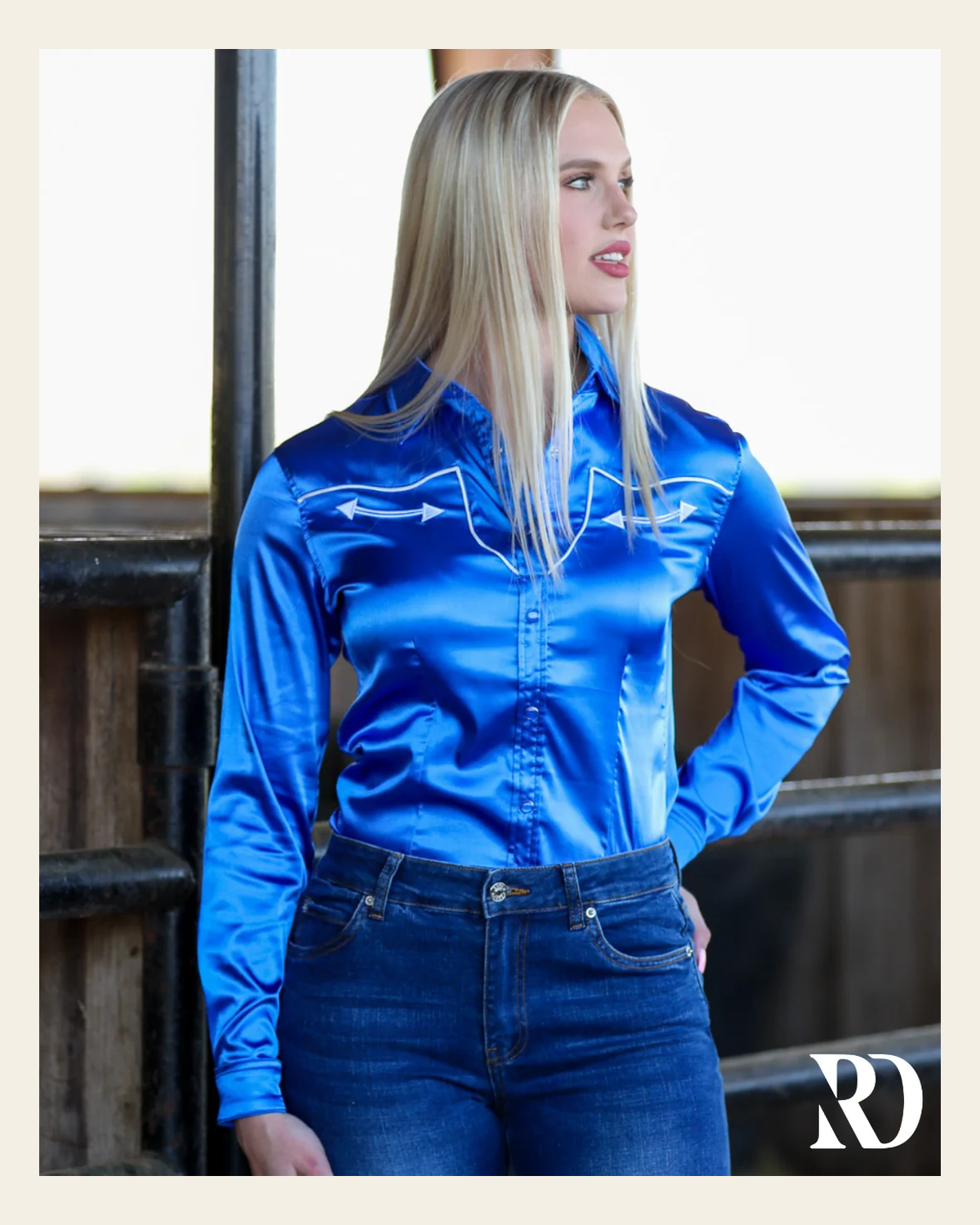 Azure Satin Performance Rodeo Shirt on a warm cream background