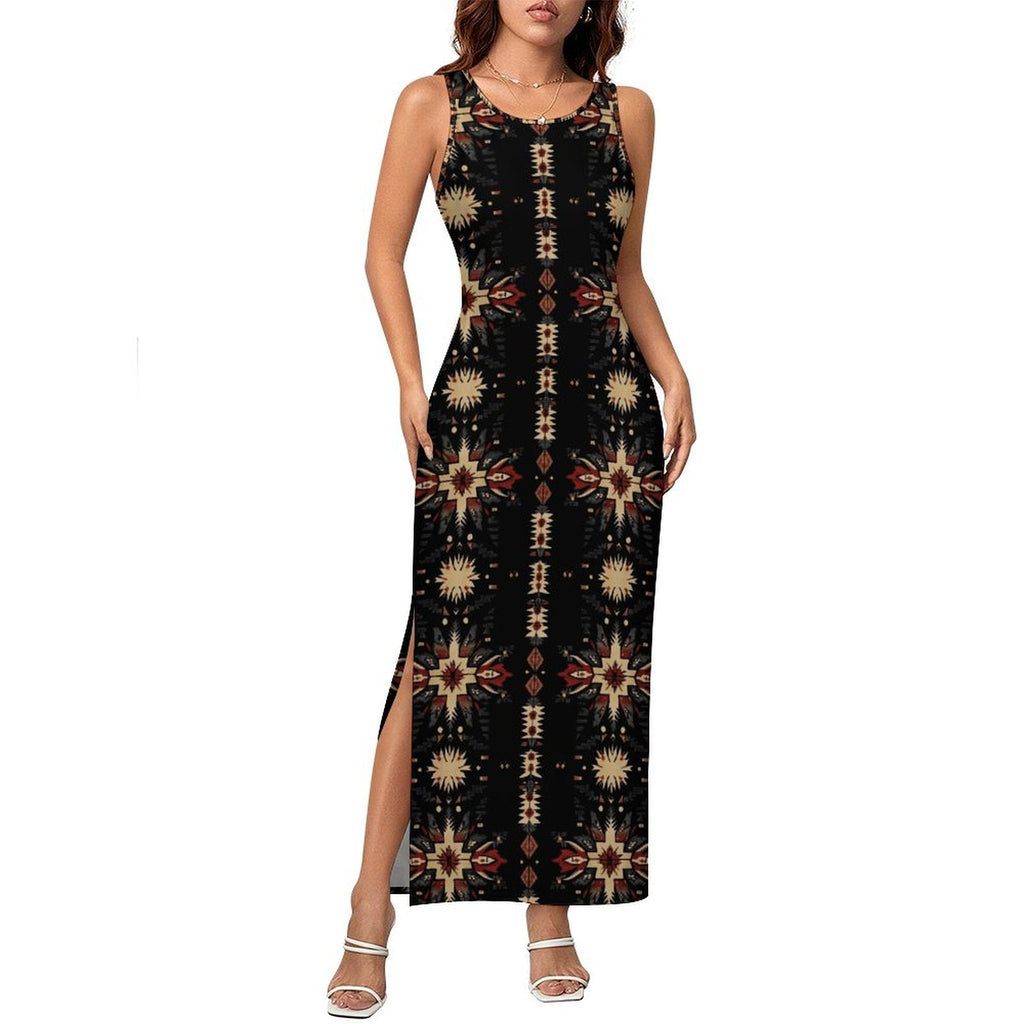 Baha Ranch Black and Tan Aztec Bodycon Side Slit Western Maxi Dress by Baha Ranch Western Wear