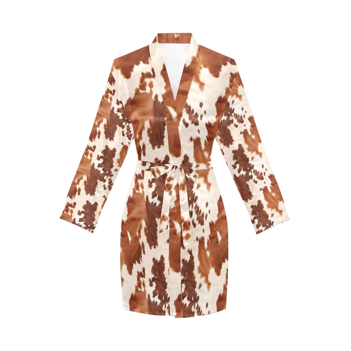 Baha Ranch Light Brown Cow Print Women's Long Sleeve Belted Satin Feel Dressing Lounge Robe