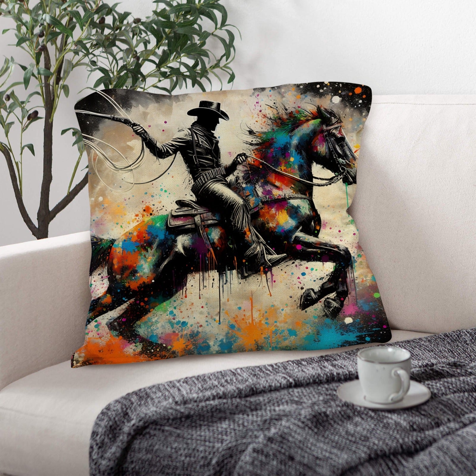 Baha Ranch Painted Cowboy Throw Pillow Case Made in America by Baha Ranch Western Wear