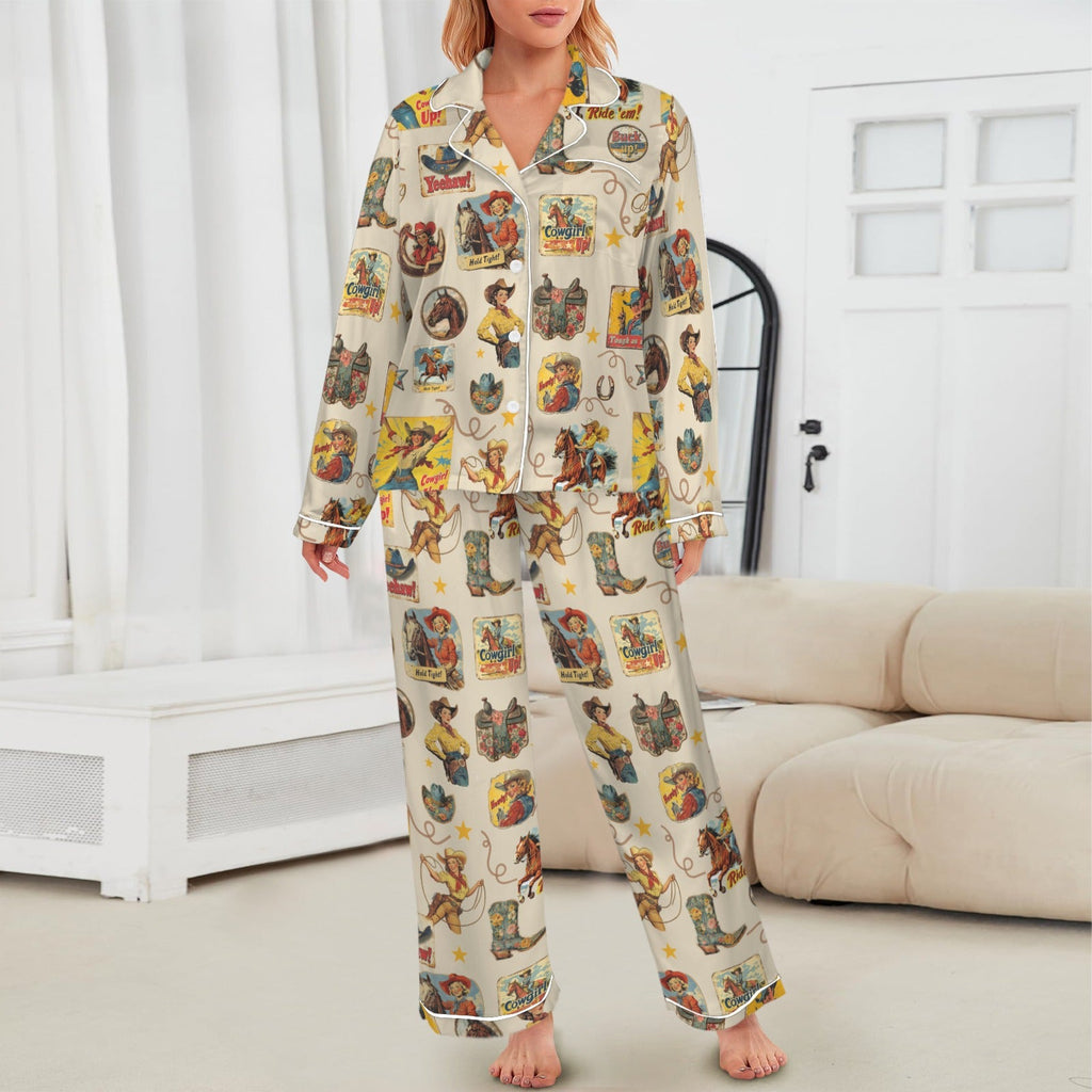 Baha Ranch Vintage Cowgirl Collage Western Rodeo Satin Pajamas by Baha Ranch Western Wear