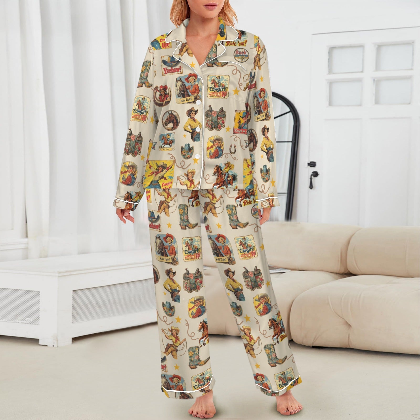 Baha Ranch Vintage Cowgirl Collage Western Rodeo Satin Pajamas by Baha Ranch Western Wear
