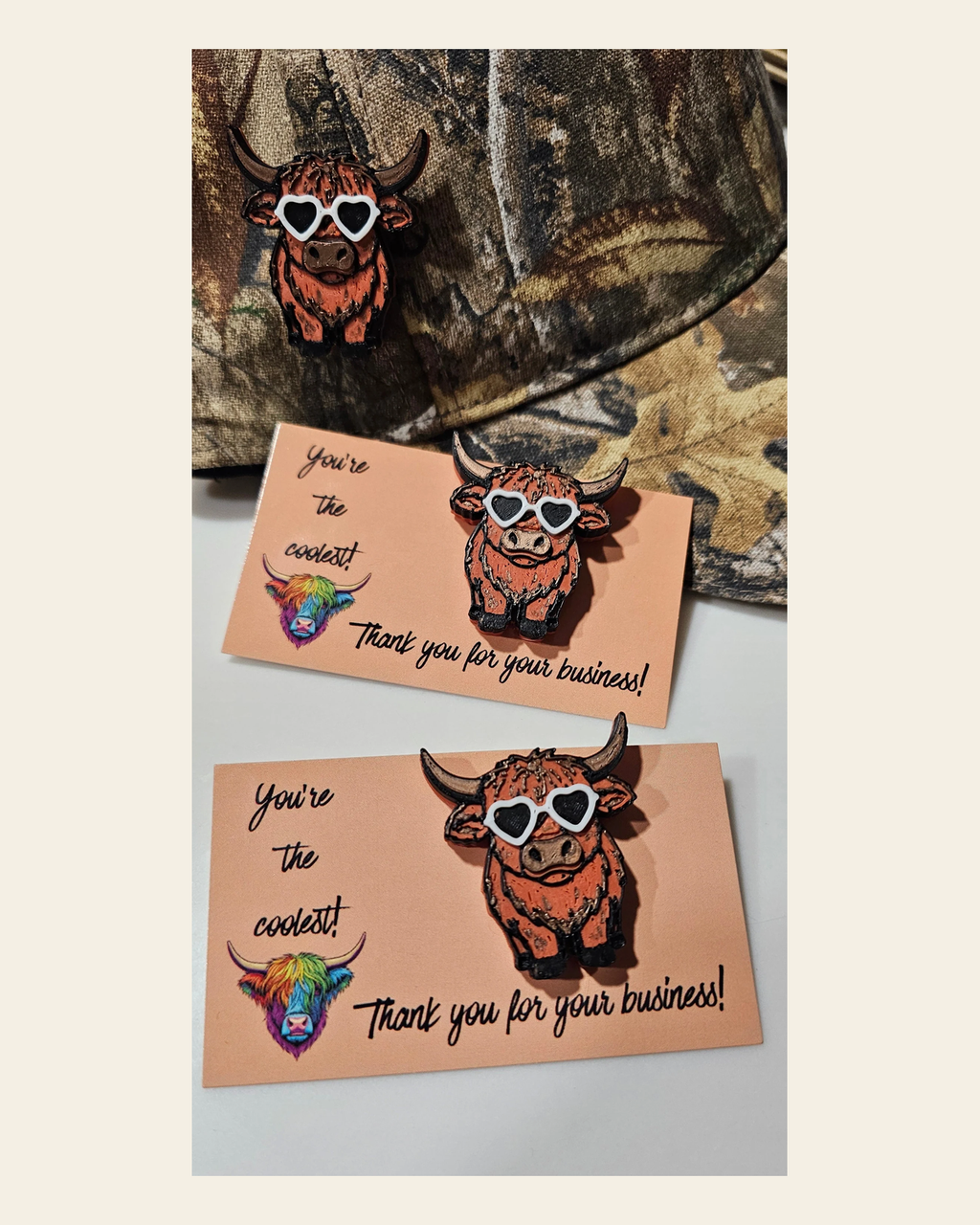 Bag of 25 -Boutique 3d Printed Package Inserts Cool Highland Brown Cow Made in America on a warm cream background