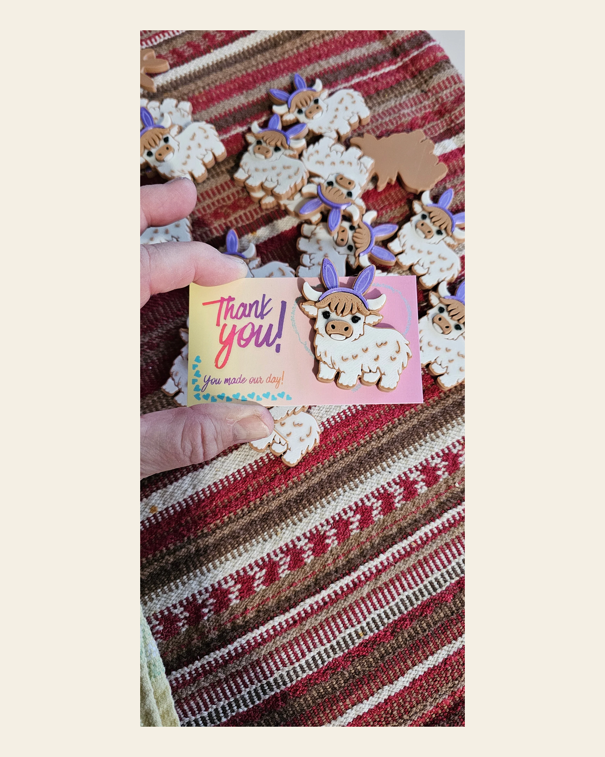Bag of 25 -Boutique 3d Printed Package Inserts Cute Easter Highland Cow Made in America on a warm cream background