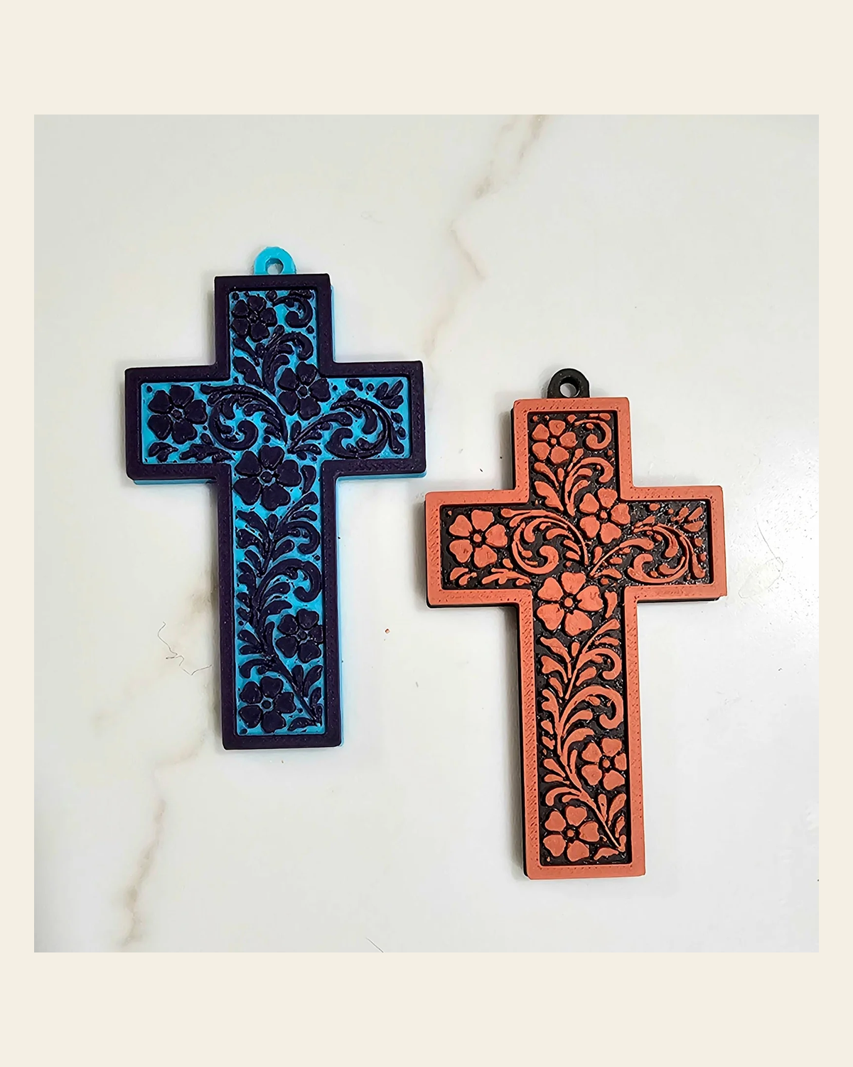 Baha Ranch 3D Faith Tooled Wall Cross or Keychain/Purse Charm Made in America on a warm cream background