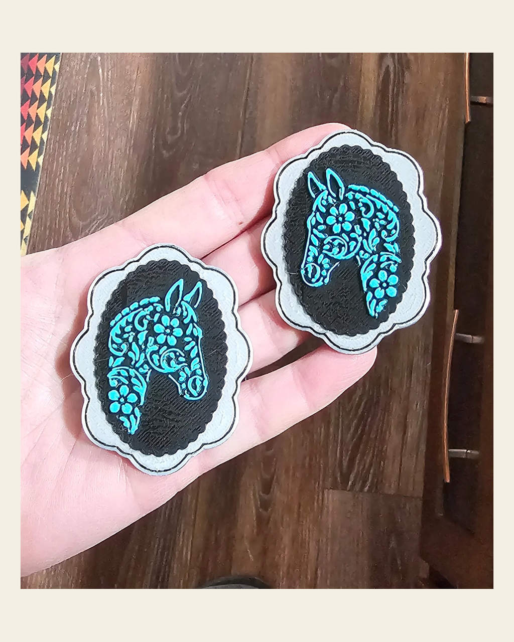Baha Ranch 3D Horse Equine Bookmark Earrings Pin Magnet made in America on a warm cream background