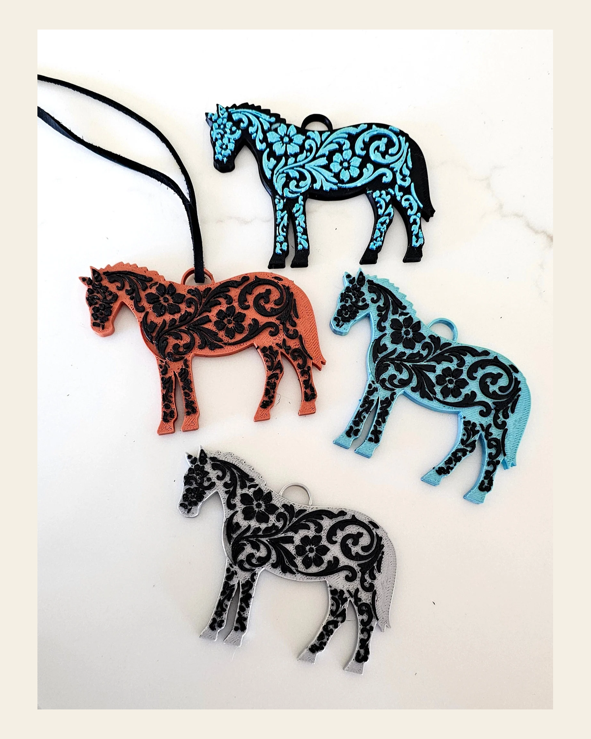 Baha Ranch 3D Print Floral Tooled Horse Charm or Keychain Made in America on a warm cream background