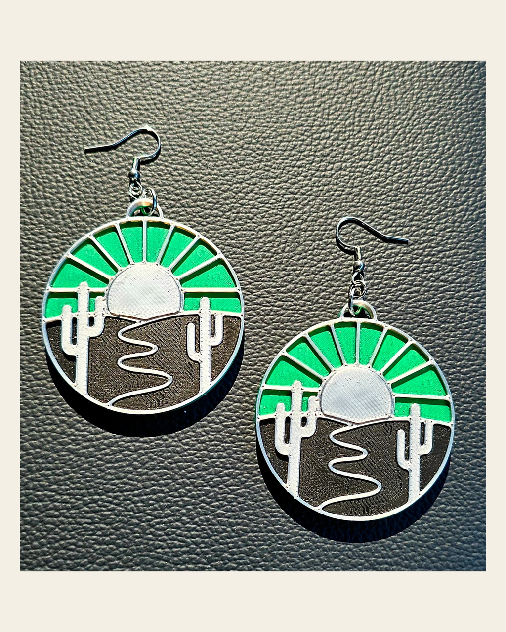 Baha Ranch 3D Print Silver Silk western Earrings Choice of styles Made in America on a warm cream background