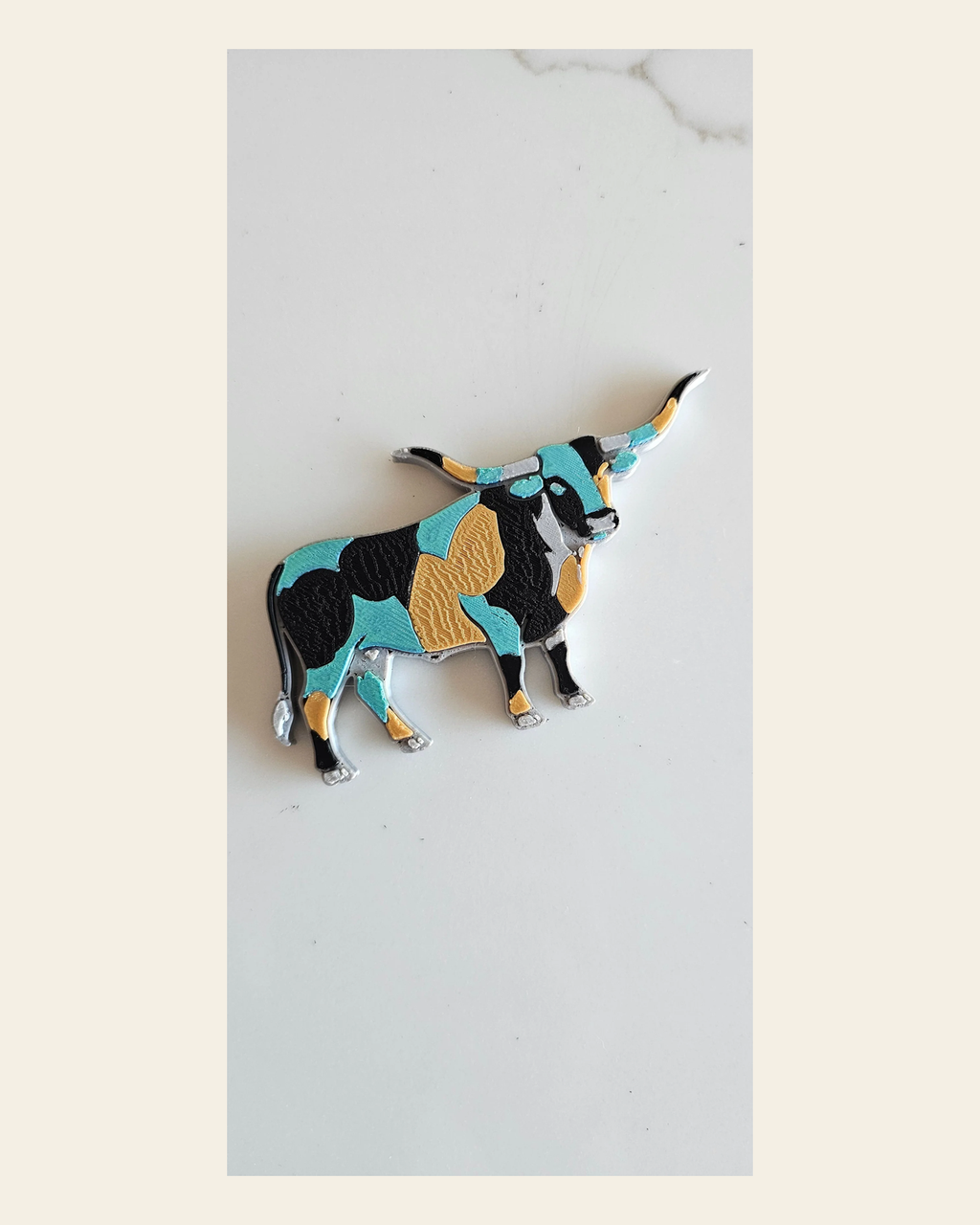 Baha Ranch 3D Print Turquoise Longhorn Made in America Keychain Magnet Purse Charm on a warm cream background