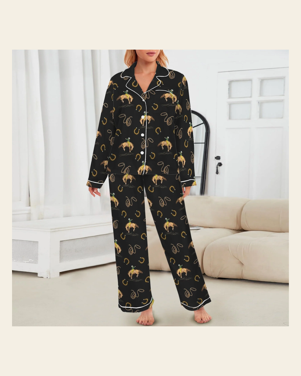 Baha Ranch All Cowboy Western Satin Long Pajamas on a warm cream background