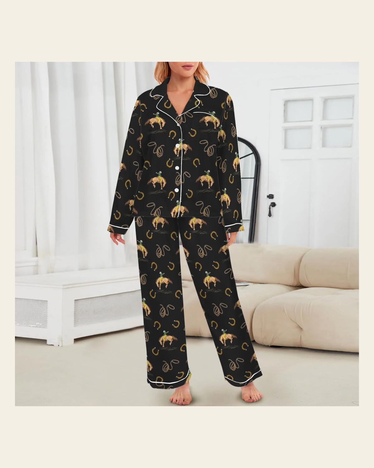 Baha Ranch All Cowboy Western Satin Long Pajamas on a warm cream background