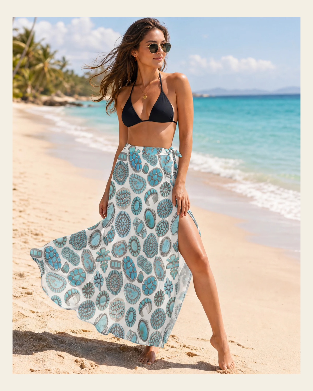 Baha Ranch All Turquoise Beach Coverup Skirt on a warm cream background