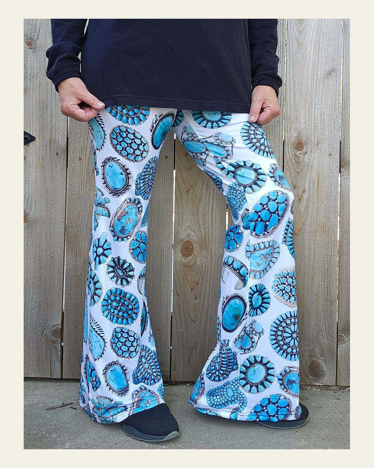 Baha Ranch All Turquoise Flare Pants on a warm cream background