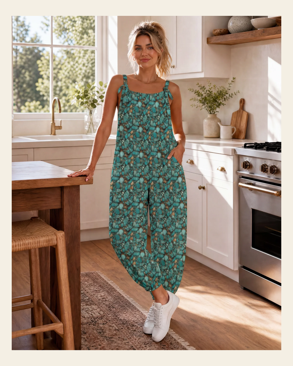 Baha Ranch All Turquoise Overalls Jumpsuit on a warm cream background