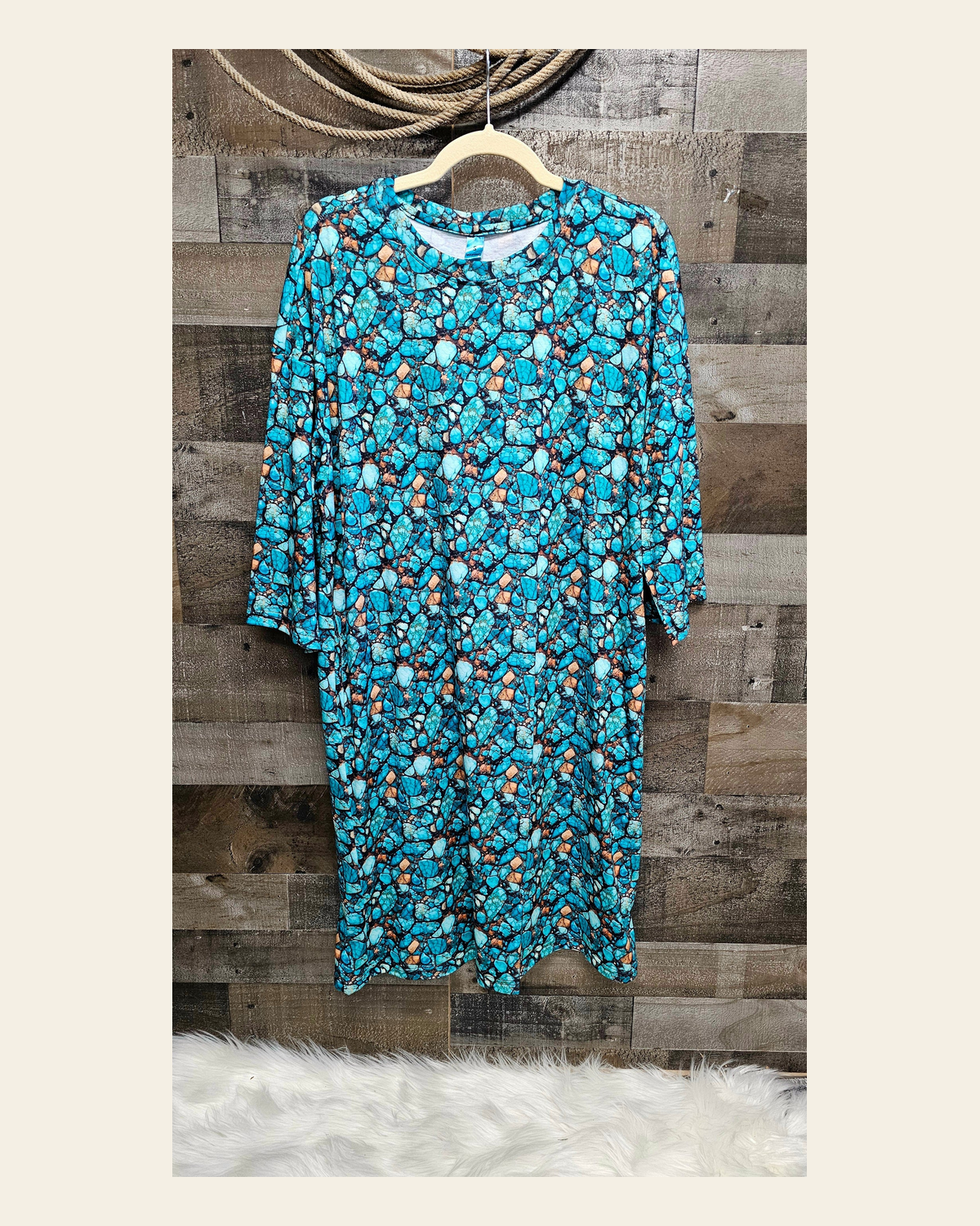 Baha Ranch All Turquoise Oversized Sleep Shirt on a warm cream background