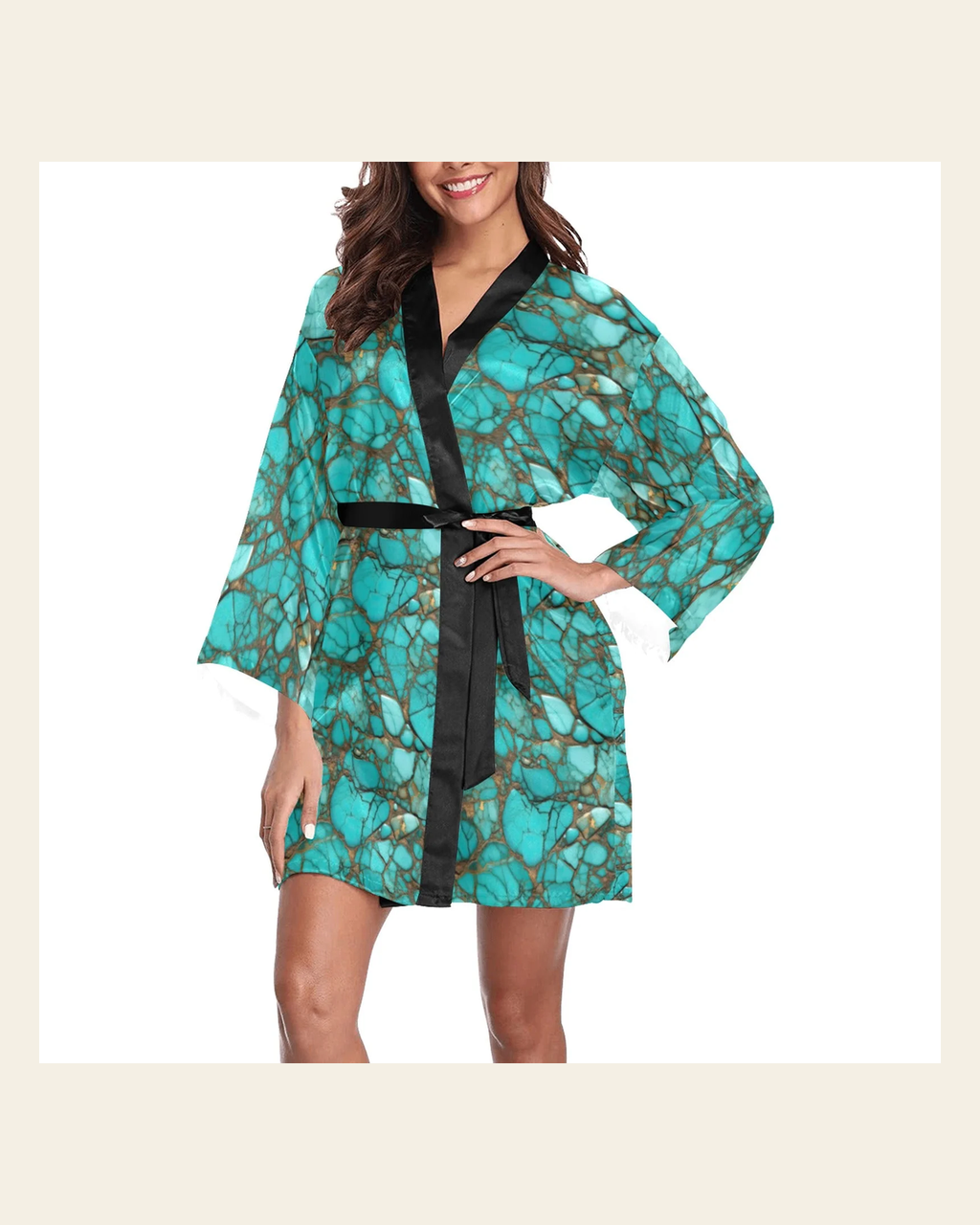 Baha Ranch All Turquoise Satin Kimono Sleeve Robe on a warm cream background