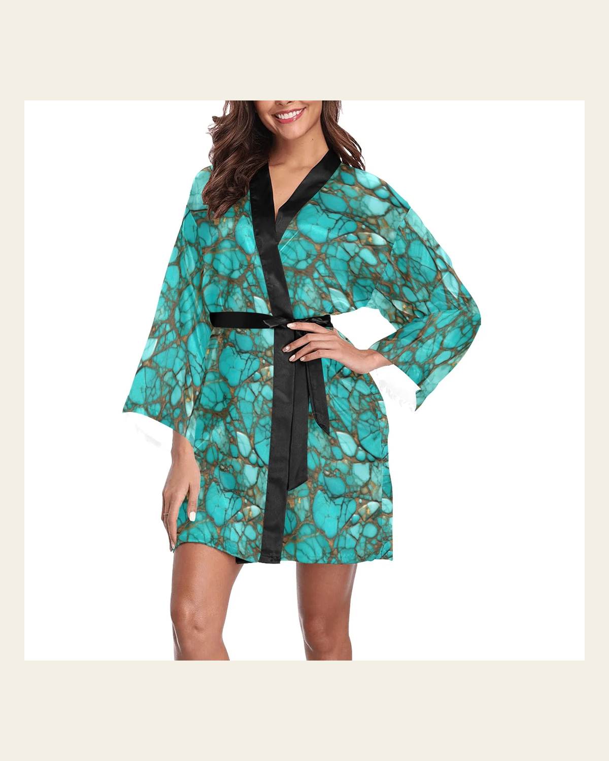Baha Ranch All Turquoise Satin Kimono Sleeve Robe on a warm cream background