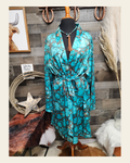 Baha Ranch All Turquoise Women's Long Sleeve Belted Satin Feel Dressing Lounge Robe on a warm cream background