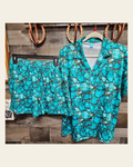 Baha Ranch All Turquoise Women's Pajama Set on a warm cream background