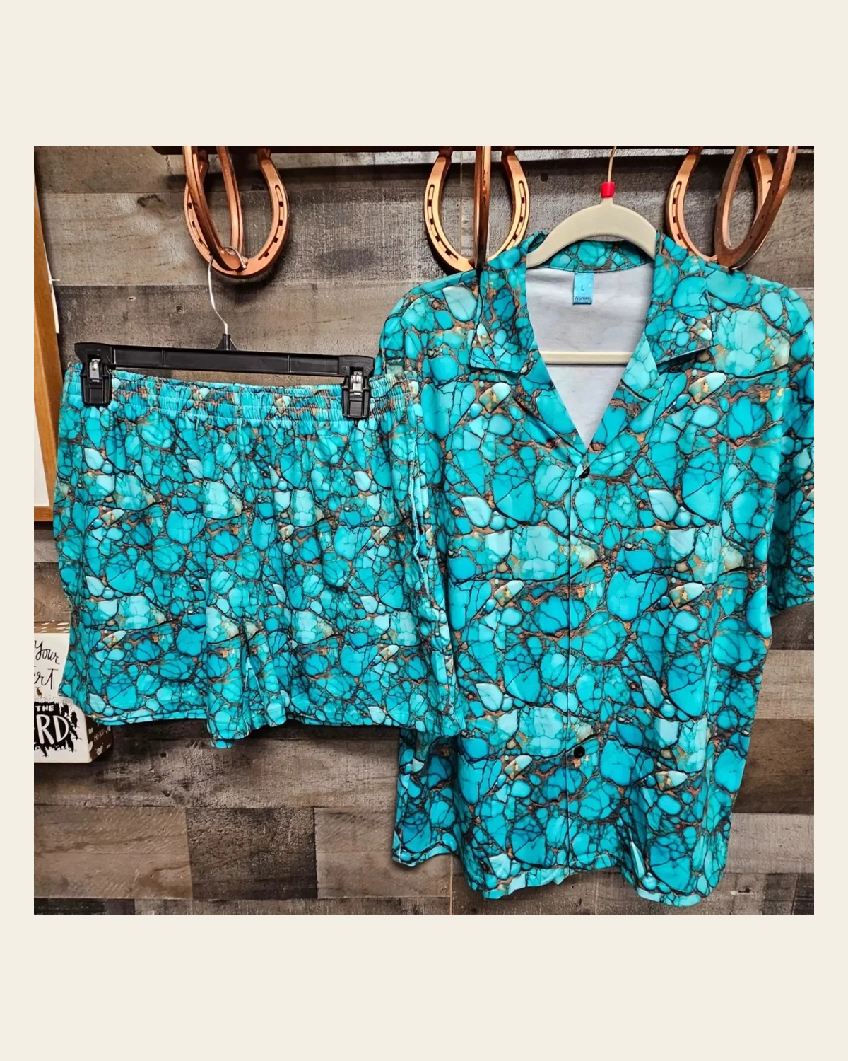 Baha Ranch All Turquoise Women's Pajama Set on a warm cream background