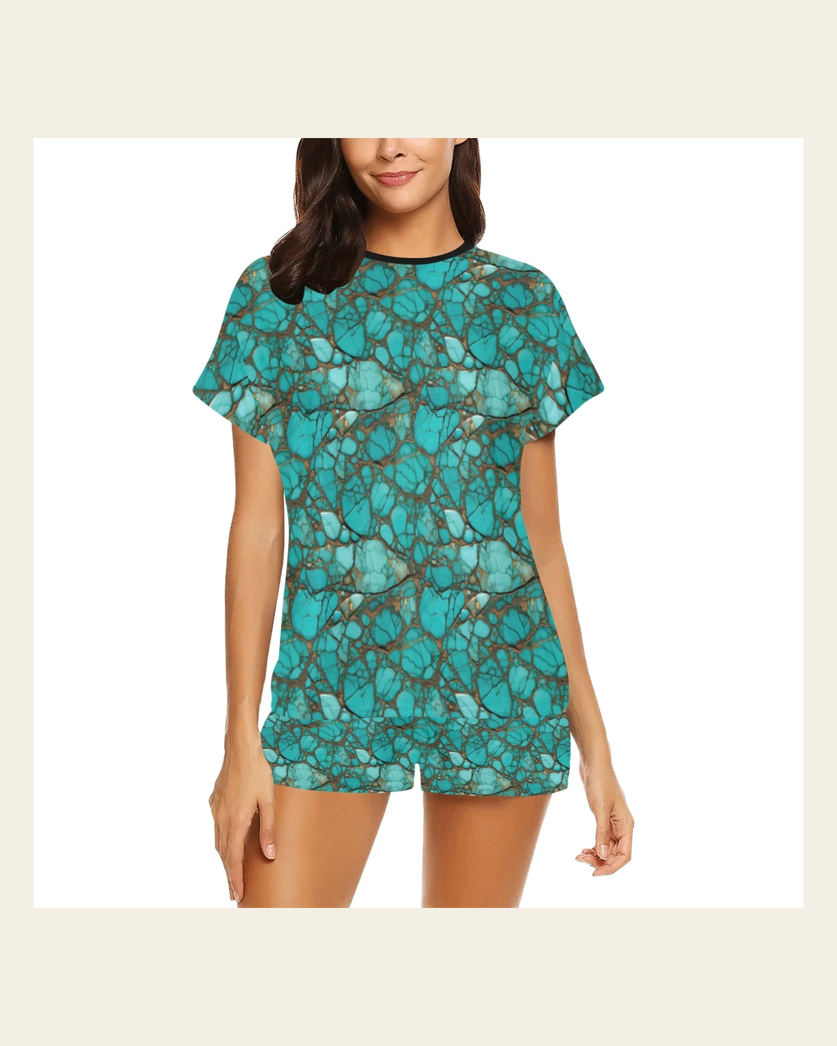 Baha Ranch All Turquoise Women's Top and Shorts Pajama Set on a warm cream background
