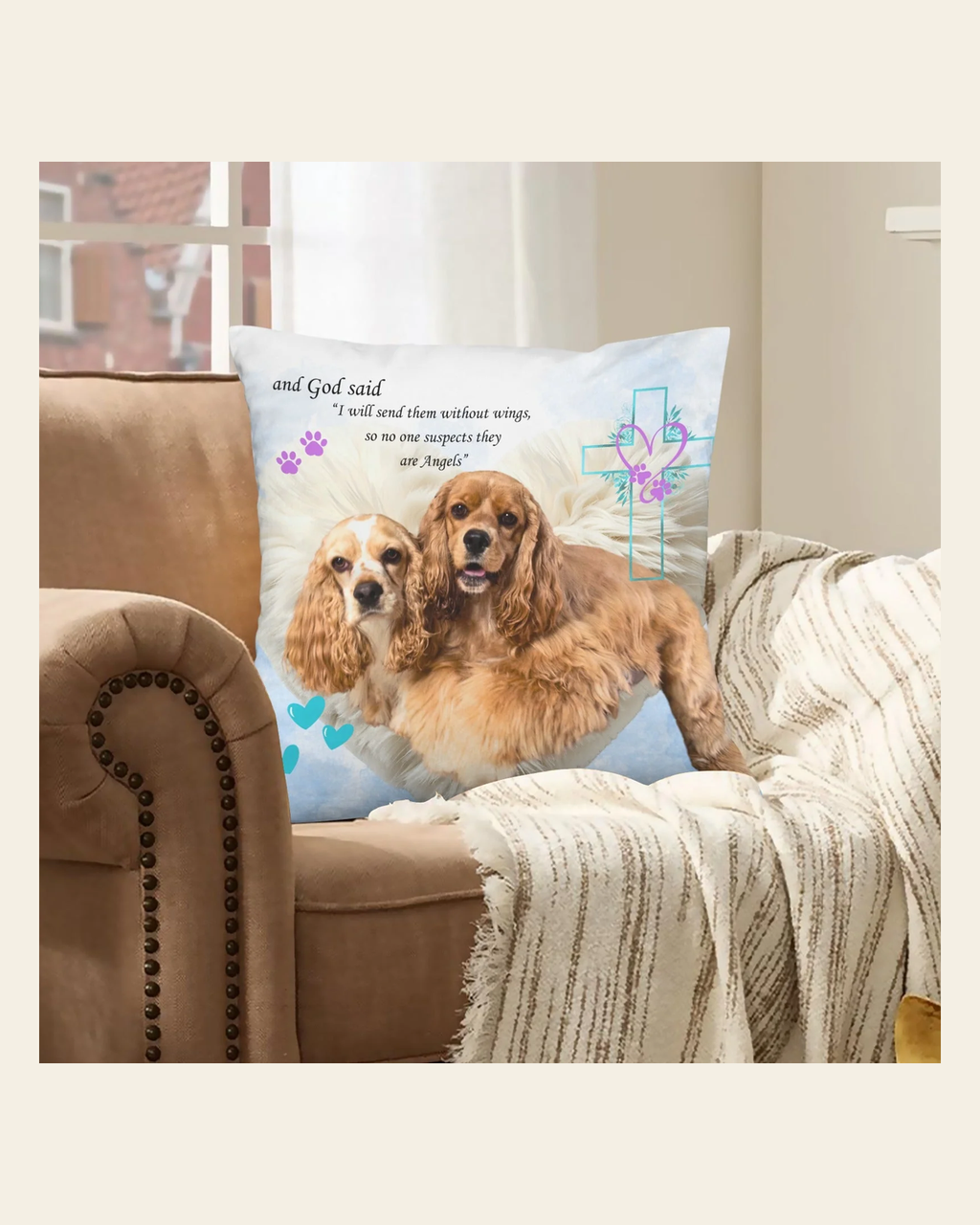 Baha Ranch Angel Pet Rainbow Bridge Custom Pillow Case Made in America on a warm cream background