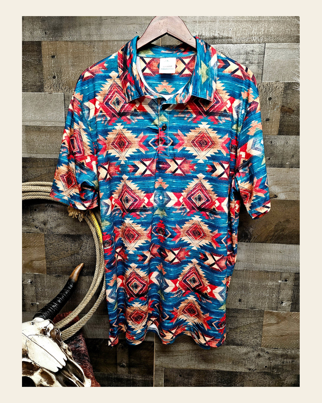 Baha Ranch Arizona Aztec Men's Western Polo Shirt on a warm cream background