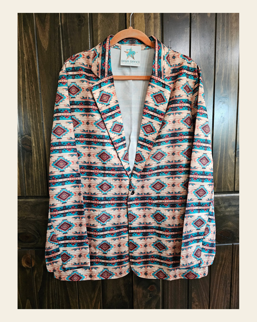 Baha Ranch Arizona Aztec Women's Blazer on a warm cream background