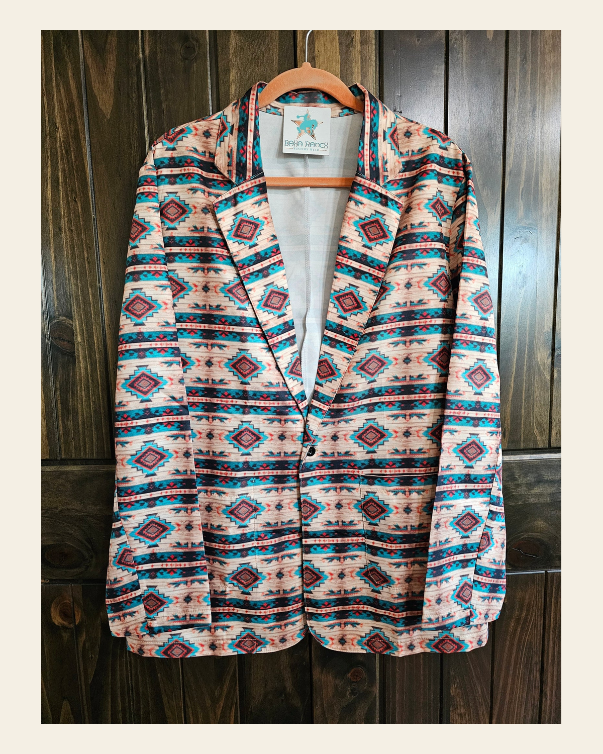 Baha Ranch Arizona Aztec Women's Blazer on a warm cream background