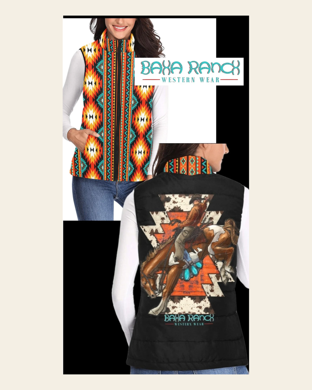 Baha Ranch Aztec Bronc Puffy Vest on a warm cream background