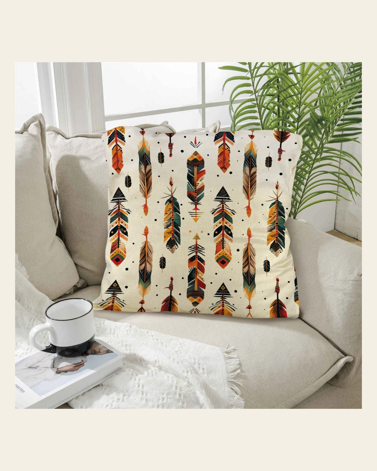 Baha Ranch Aztec Feathers Pillow Case Made in America on a warm cream background