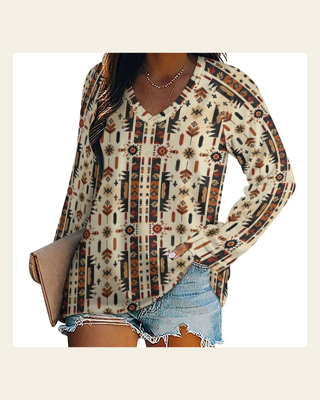 Baha Ranch Aztec Long Sleeve Tee on a warm cream background
