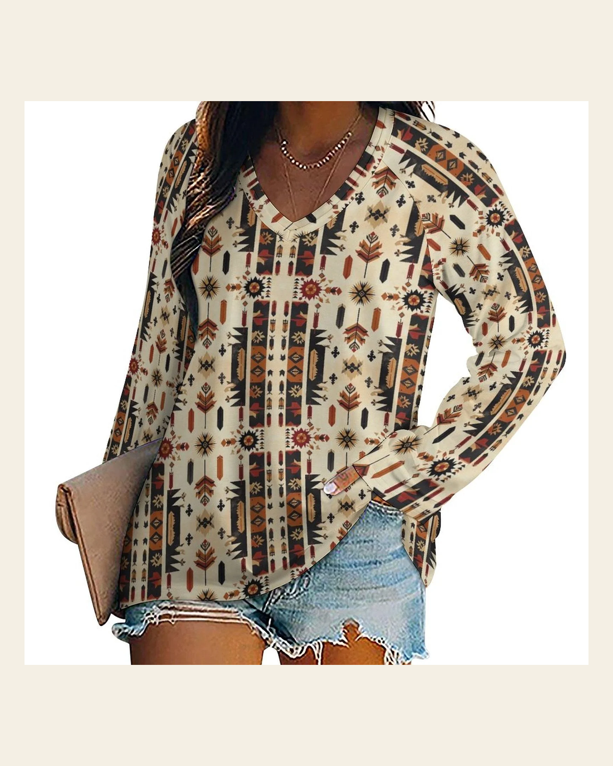 Baha Ranch Aztec Long Sleeve Tee on a warm cream background