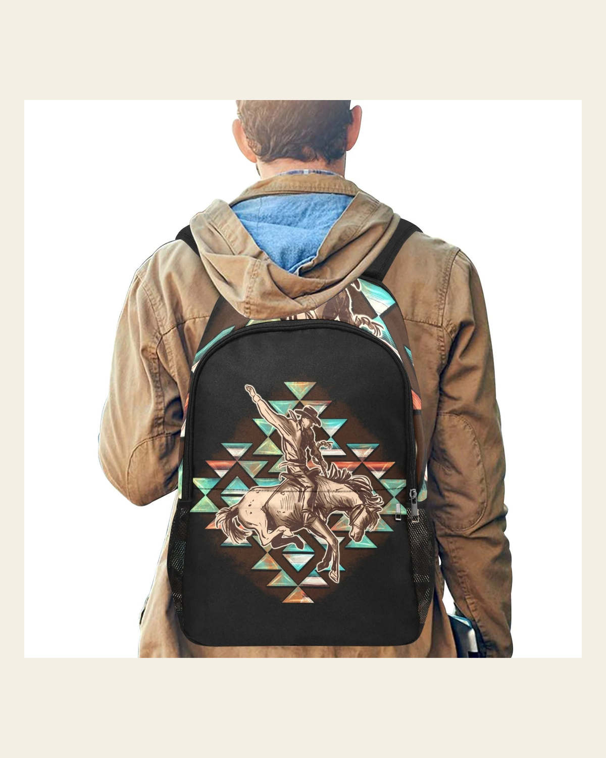 Baha Ranch Aztec Rodeo Cowboy Backpack on a warm cream background