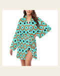 Baha Ranch Aztec Turquoise Orange Women's Belted Satin Feel Dressing Lounge Robe on a warm cream background