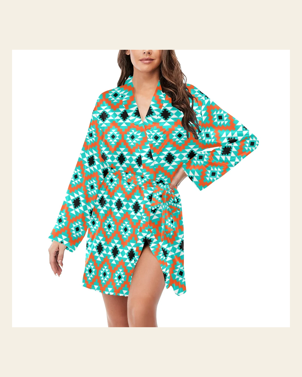 Baha Ranch Aztec Turquoise Orange Women's Belted Satin Feel Dressing Lounge Robe on a warm cream background