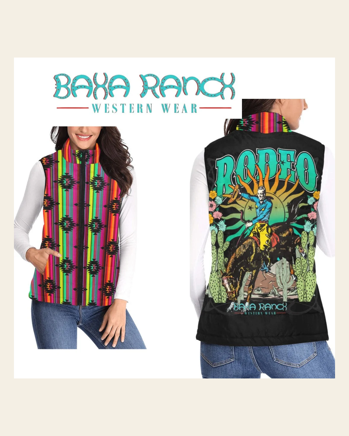 Baha Ranch Aztec Vintage Rodeo Women's Puffy Vest on a warm cream background