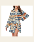 Baha Ranch Aztec Women's Long Sleeve Belted Satin Feel Dressing Lounge Robe on a warm cream background