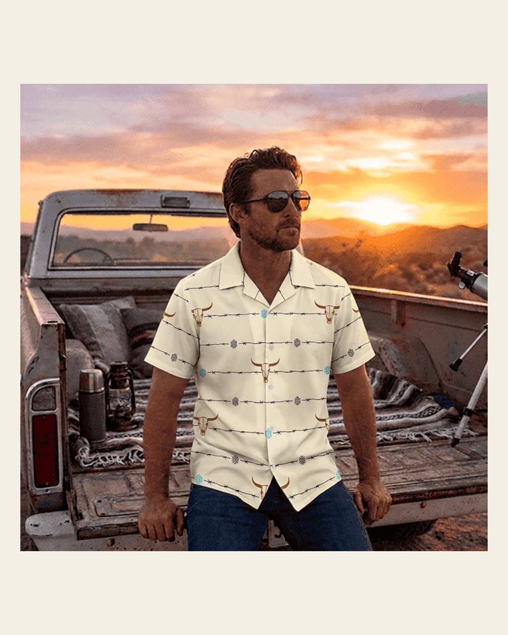 Baha Ranch Barbwire Aztec Hawaiian Shirt Made in America on a warm cream background