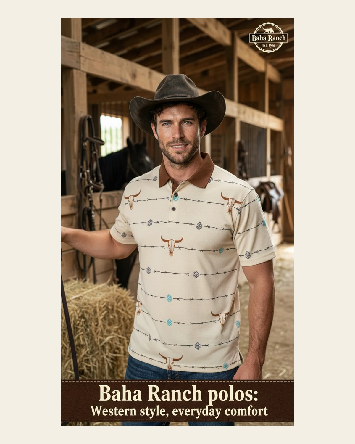 Baha Ranch Barbwire Aztec Polo Shirt on a warm cream background