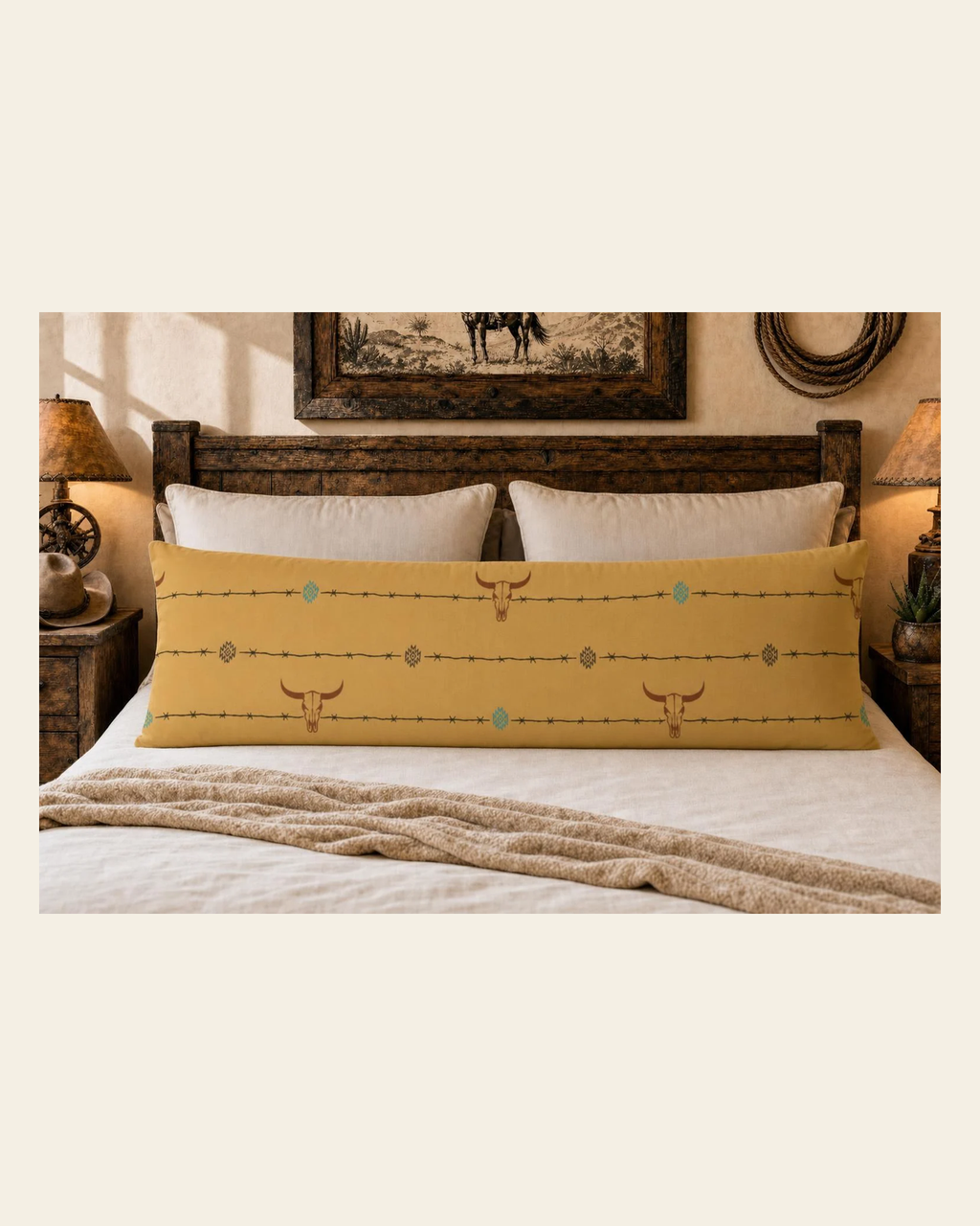 Baha Ranch Barbwire Longhorn Body Pillow Made in America on a warm cream background
