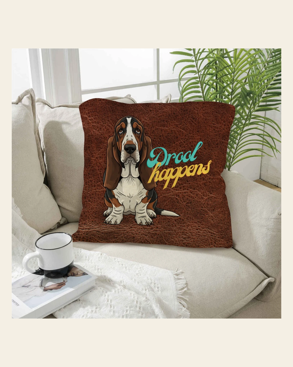 Baha Ranch Basset Hound Drool Happens Pillow Case Made In America on a warm cream background